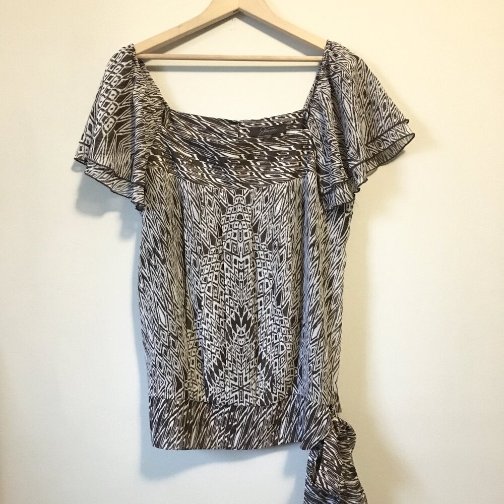NWT Jessica 14P Petite Brown White Western Boho Flutter Sleeve Tie-Hem Top